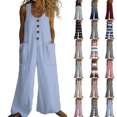 Modischer und lässiger ärmelloser Jumpsuit mit Knopfleiste und gestreiftem und kariertem Print aus Baumwolle mit Taschen für Damen