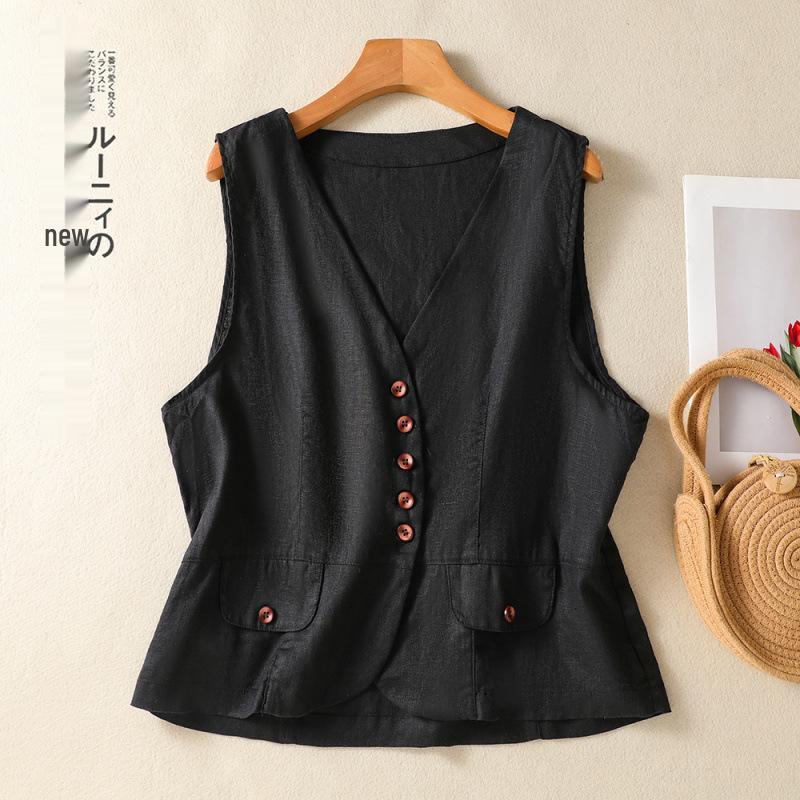 Women's Summer Simple V-neck Cotton Linen Vest Outerwear