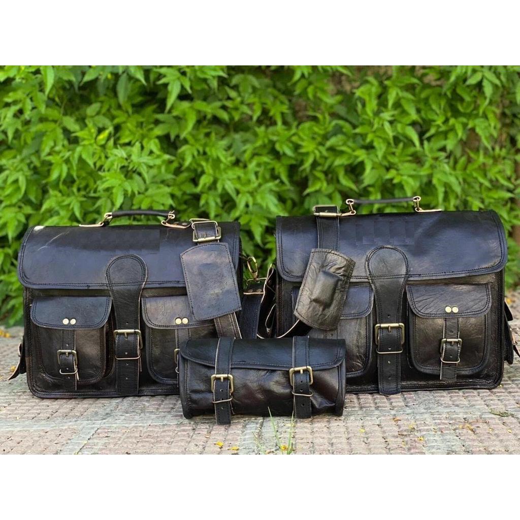 Bull Leather Motorcycle Side Pouch Saddle Panniers Bag Pouch 3 Bags