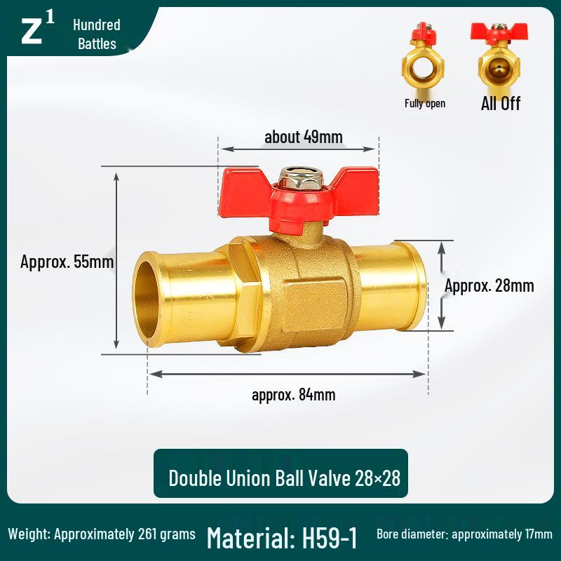 Brass Double Bell Head Rotary Handle Ball Valve 22/28mm for Water, Oil, Gas with Switch and Straight-Through Valve Accessories.