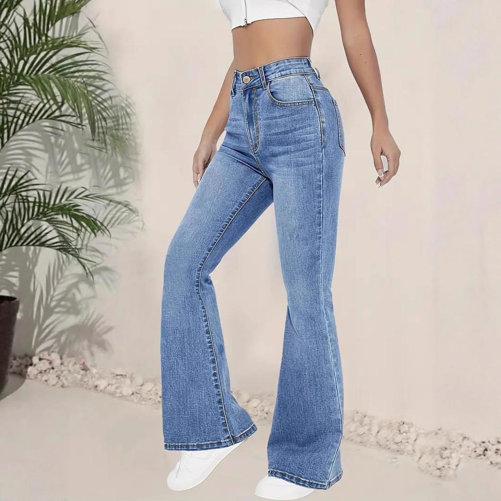 2025 European and American cross-border TEMU Amazon women's high-waisted slim-fit stretch slightly flared denim pants for women, fashionable and