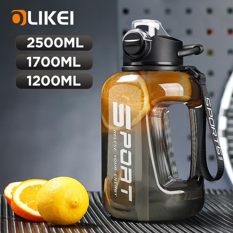 OLIKEI Wasserflasche für Fitnessstudio und Fitness, mit Griff und Strohhalm, großes Fassungsvermögen, Outdoor-Sport-Wasserflasche, BPA-frei, auslaufsicher, tragbar, Wasserkocher mit Sprungdeckel, 1,7 l/2,5 l