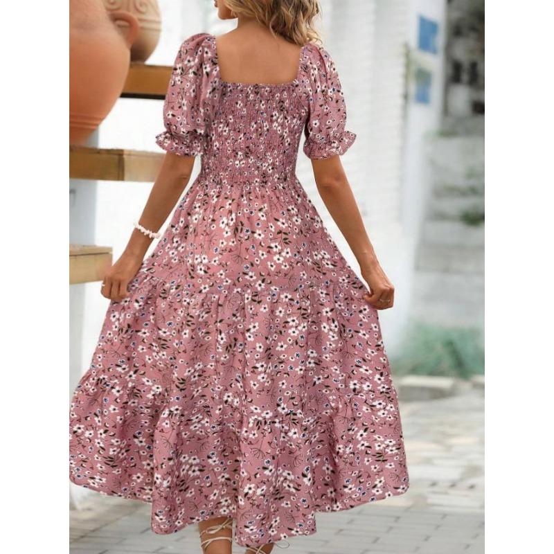 Women's Printed Square Neck Waisted Bubble Sleeve Layered Dresses