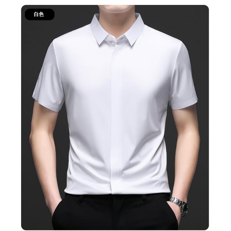 Summer Men Silk Blend Short Sleeve Shirt Solid Color Business