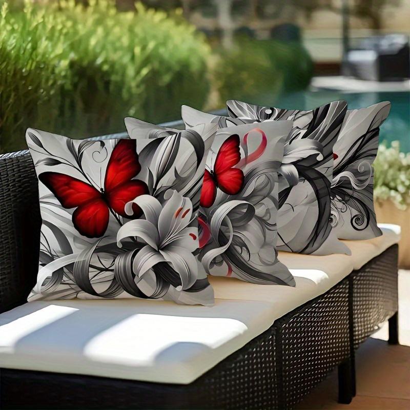 Gray Red Butterfly Floral Pillow Covers Soft Polyester Square Zipper Sofa Outdoor Machine Washable Double Sided Decorative Home