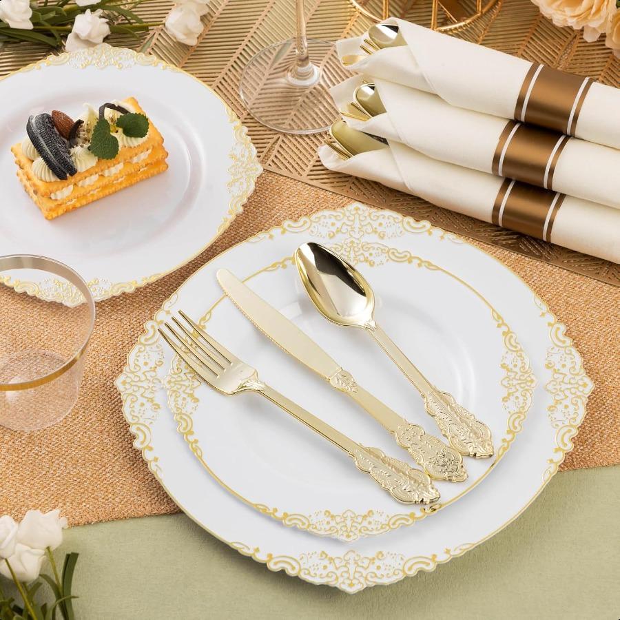 75PCS Gold Plastic Silverware for 25 Guests Heavy Duty Gold Disposable Utensils Sets Includes 25 Forks 25 Spoons 25 Knives Eleg