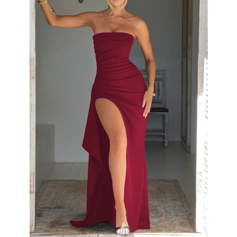 New Elegant Off Shoulder Strapless Evening Gown Dress Spring Summer Solid Color Tube Top Tight Waist High Split Party Long Dresses Simple Clothing