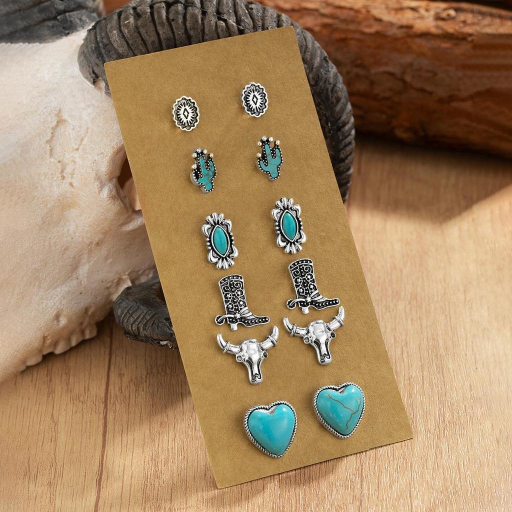 Retro Ethnic Turquoise Flower Cowboy Hat & Cactus Earrings Set – Ideal for Commuting