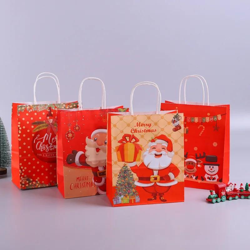 10PCS Santa Claus Snowman Kraft Paper Bags Xmas Party Decor Candy Gift Handle Pakcaging Bag New Year Eve Merry Christmas Supplie