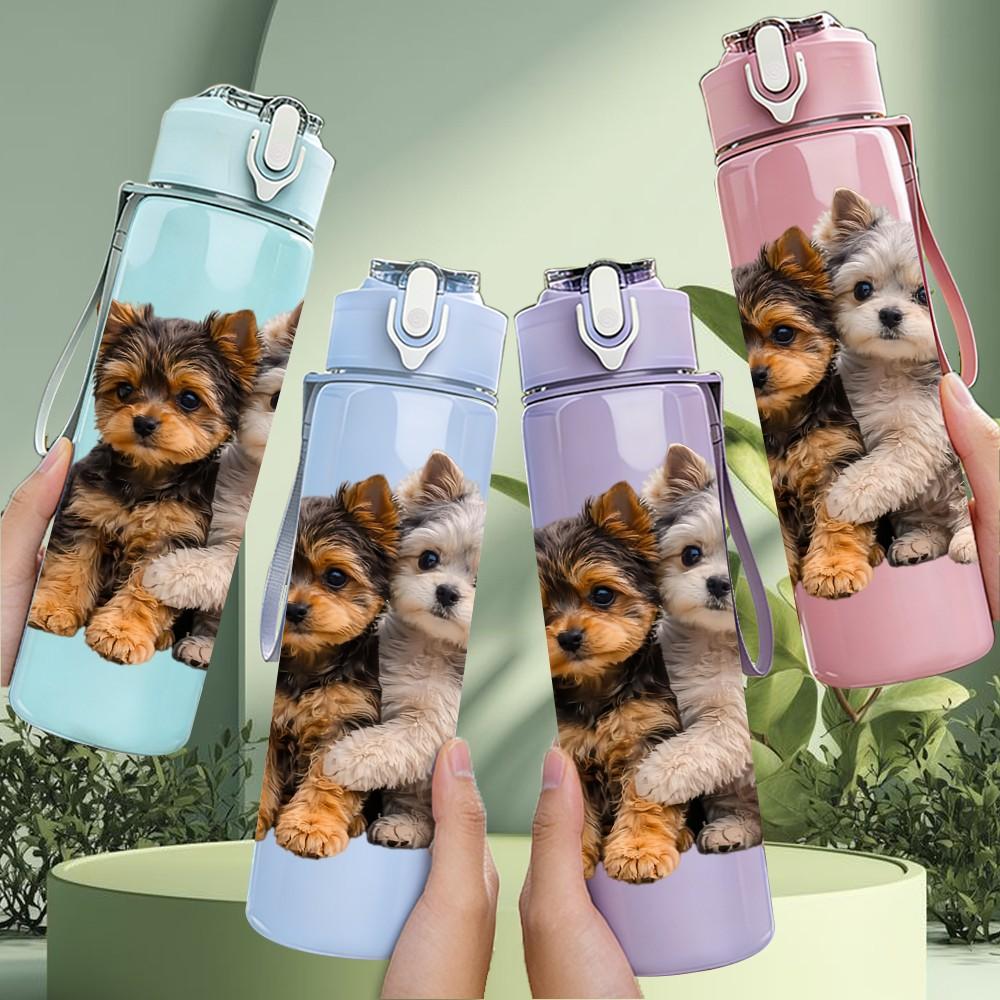 1PC Two Puppy Companion Print 750ml Color Plastic Sports Water Bottle Leakproof Flip Straw Lid Suitable for Sports Office Home Use
