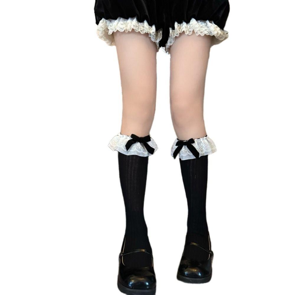 Loose Knitted Mid Calf Socks Bowknot Women Stockings Fashion Lace Ruffle Socks  Uniform