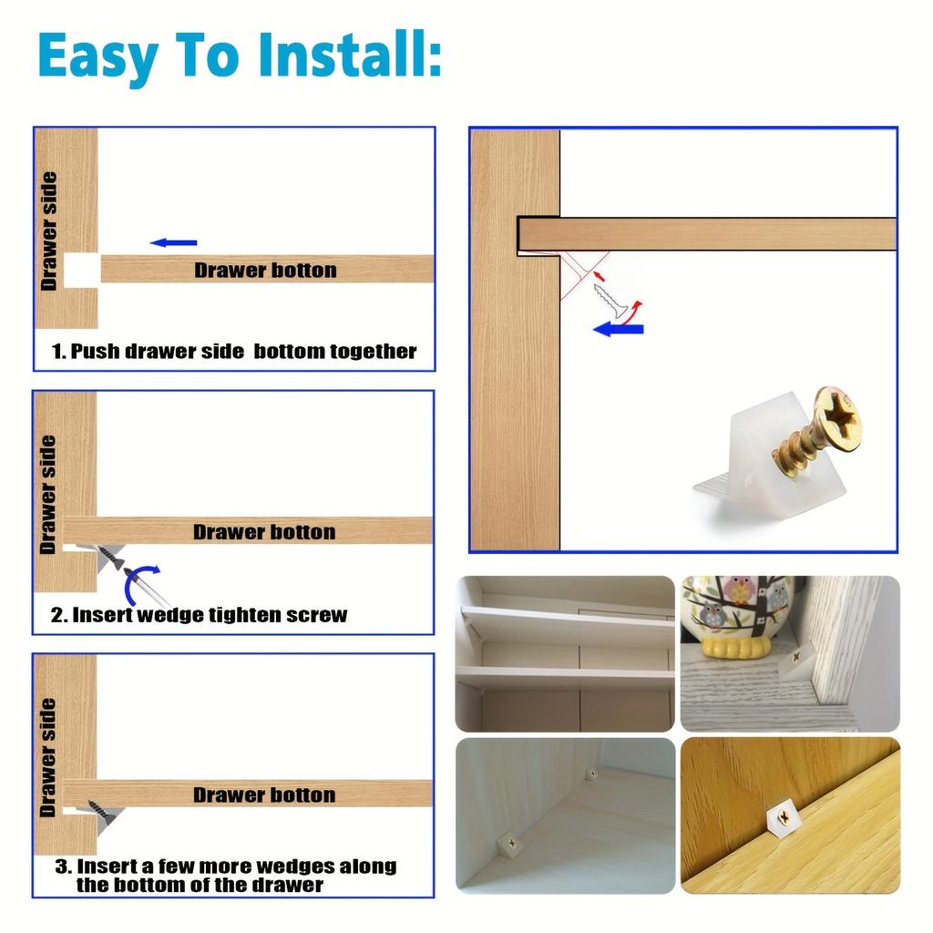 50pcs Furniture Mending Wedges Drawer Bottom Sagging Repair Fix Plastic Corner Bracket with Self-tapping Screws