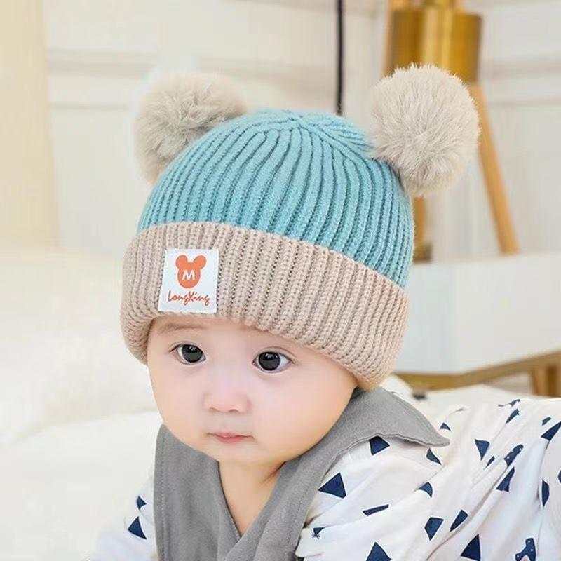 Baby autumn and winter cute cartoon warm hairball wool hat boys and girls baby ear protection hat children pullover knitted hat