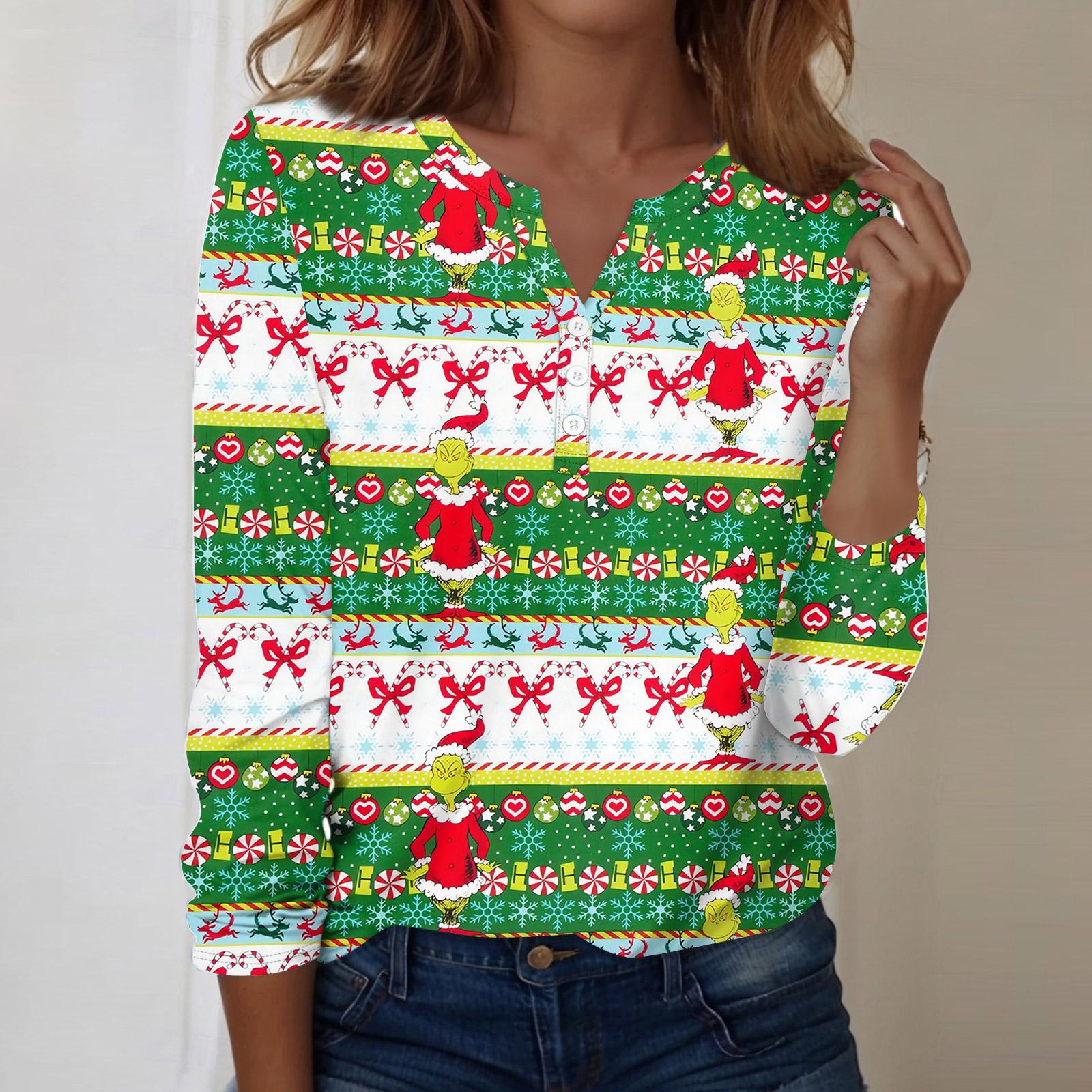 

Женская модная повседневная блузка с V-образным вырезом, длинным рукавом и декоративными пуговицами, с рождественским принтом S зелёный