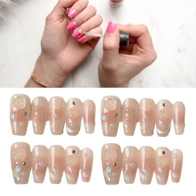 Handmade Long Floral Nail Stickers In Pure Desire Style For Ladies Xs S M L