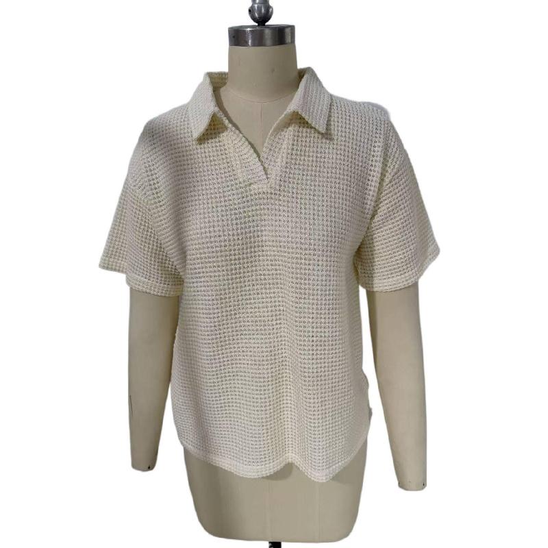 2026 Women's Turn-down Collar Solid Color Knitted Pullover Loose Short Sleeve Casual T-shirt