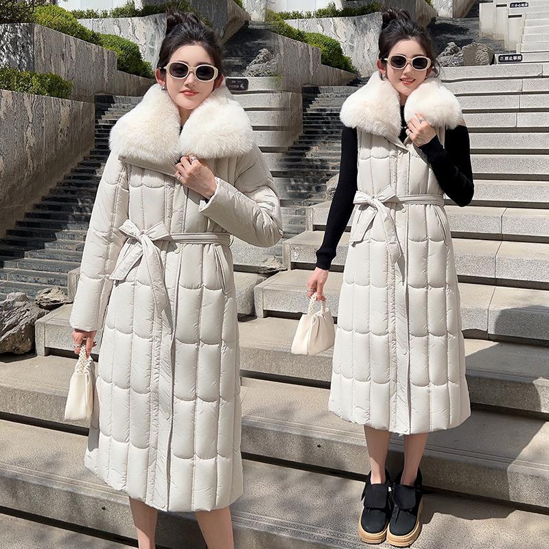 New fur collar long cotton-padded clothes for women with waist and thin thickened warm cotton-padded jacket with removable sleeves and large-size j