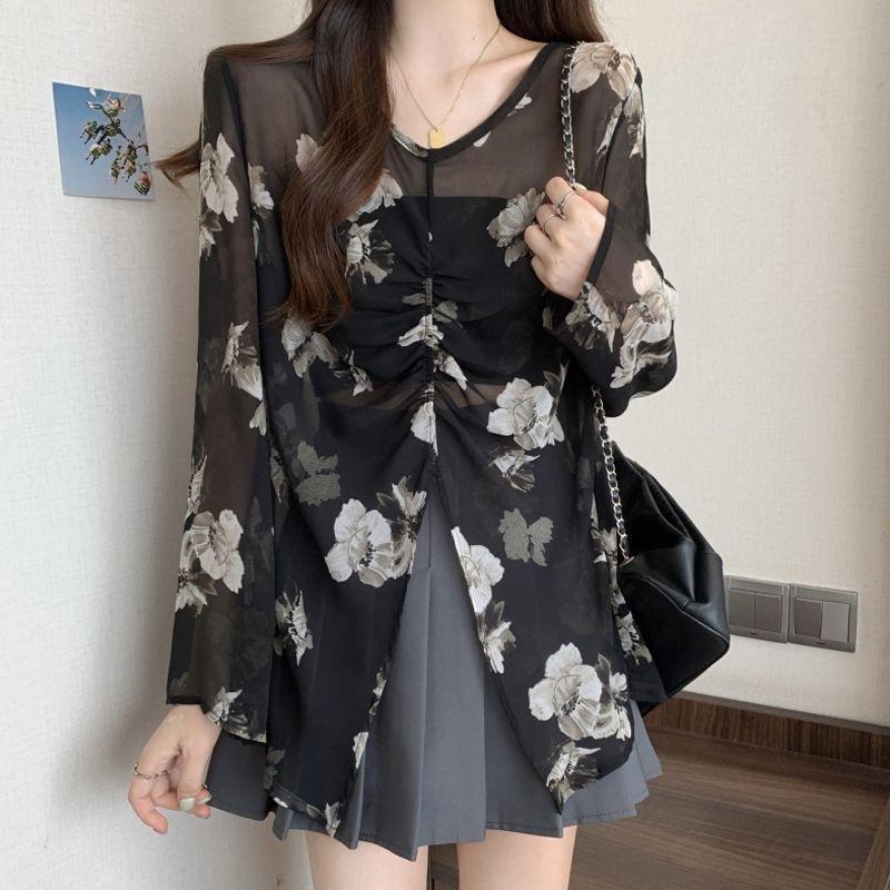 

Женская шифоновая рубашка с принтом больших размеров для защиты от солнца, летний винтажный топ приталенного кроя 2XL