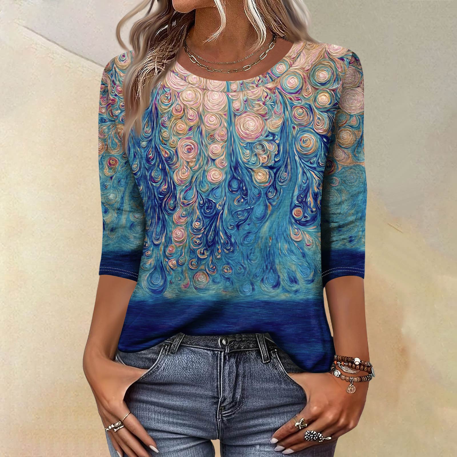 

Trendy Vintage 3/4 Sleeve Top For Women ,Ladies Casual Three Quarter Sleeve Round Collar Printed T-Shirt Blouse XXL