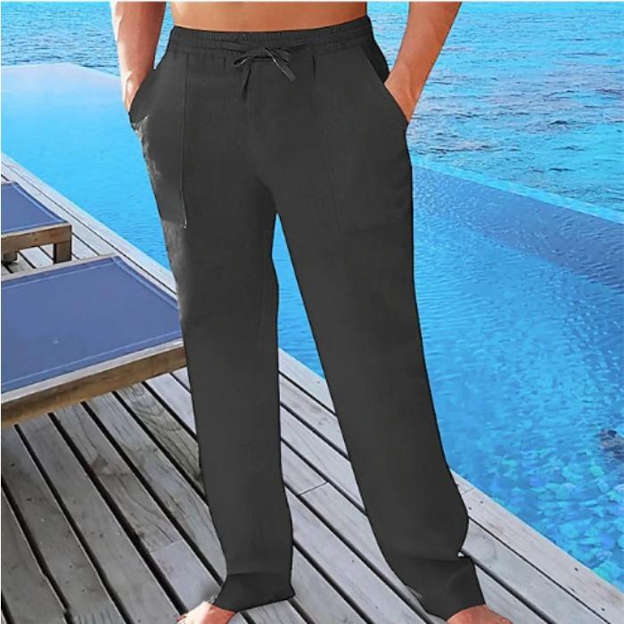 Cross-border men's casual summer breathable pants waist drawstring pockets cotton and linen trousers beach pants
