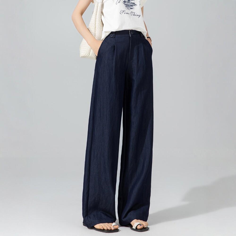 Wide-leg Pants Women's Summer Thin Old Money Style High Waist Straight Tube Drape Thin Women's Casual Trousers Dark Blue Trousers