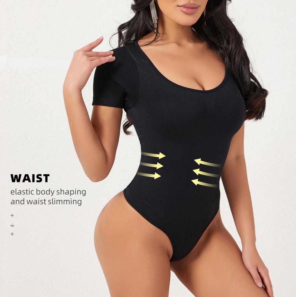 Butt-Lifting, Waist-Cinching, Tummy-Flattening Seamless Short-Sleeved Thong Shapewear Bodysuit