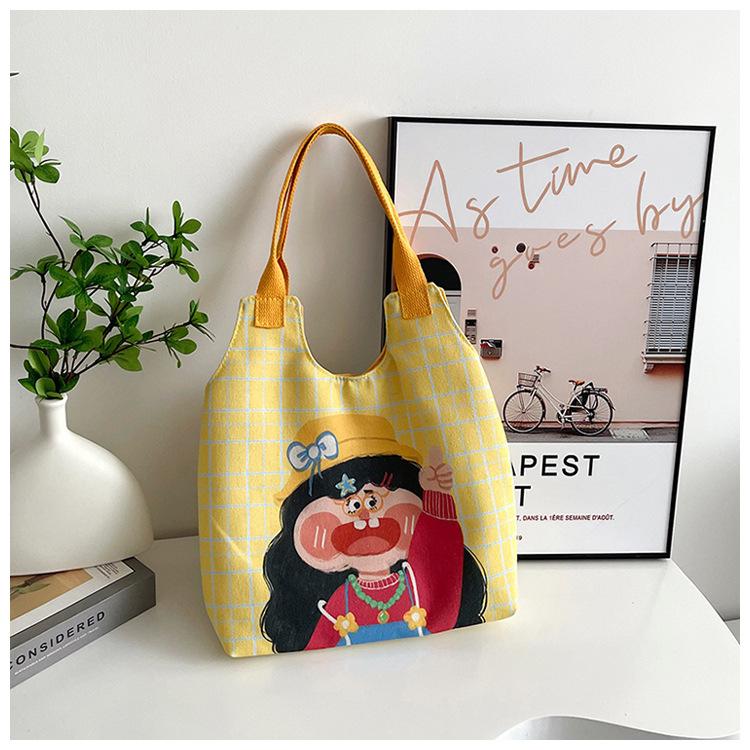 2025 Cartoon Illustration Canvas Bag Female Office Worker Large Capacity Funny Graffiti Handheld Shoulder Bag