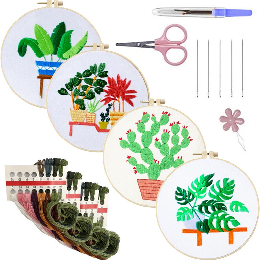 4 Pack Flowers DIY Embroidery Kit with Embroidery Hoop Embroidery Starter Kit 30x30cm for Adult Beginners Gift for Women