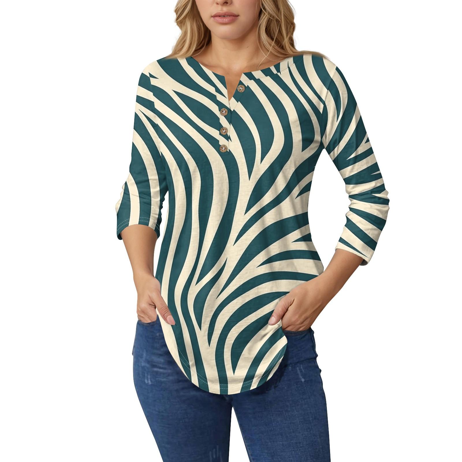 

Женские топы с рукавами 3/4, летние футболки с цветочным принтом и V-образным вырезом, повседневные базовые футболки с пуговицами, туники L