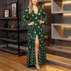 2025 European American V-Neck Tie-Up Long Sleeve Printed Dress for Autumn/Winter