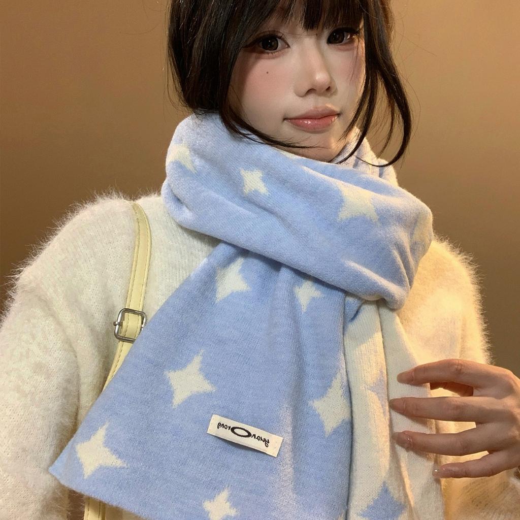 Cute little star scarf women's autumn and winter warm and cold-proof thickened imitation cashmere versatile Korean version of age-reducing knitted sca
