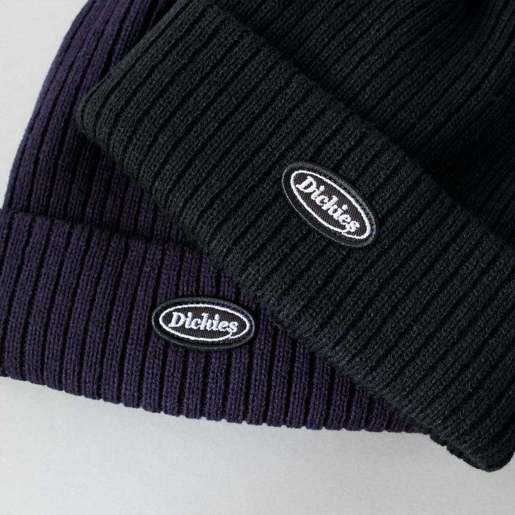 Dickies CALIF Ribbed Knit Cap with Logo Patch, Unisex Acrylic Beanie, Solid Color, Black Patch, for Snowboarding, Men's and Women's