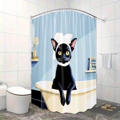 1 Stück Lustiger Schwarzer Kater Duschvorhang, Niedliche Katzenillustration, Badezimmerdeko, Polyesterstoff, Duschwannenabtrenner, Stilvolle Badezimmerdeko