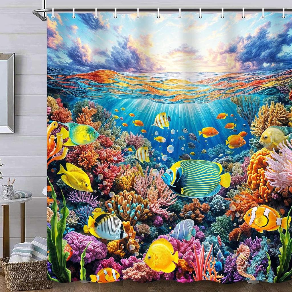 Vibrant Coral Reef and Tropical Fish Pattern Waterproof Polyester Shower Curtain Underwater Ocean Life Print Bath  with Hooks