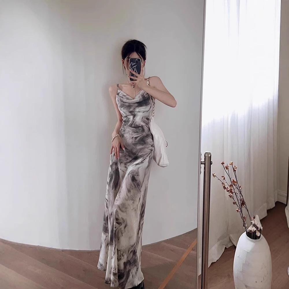 

Chinese Ink Style Spaghetti Strap Bodycon Fishtail Dress L