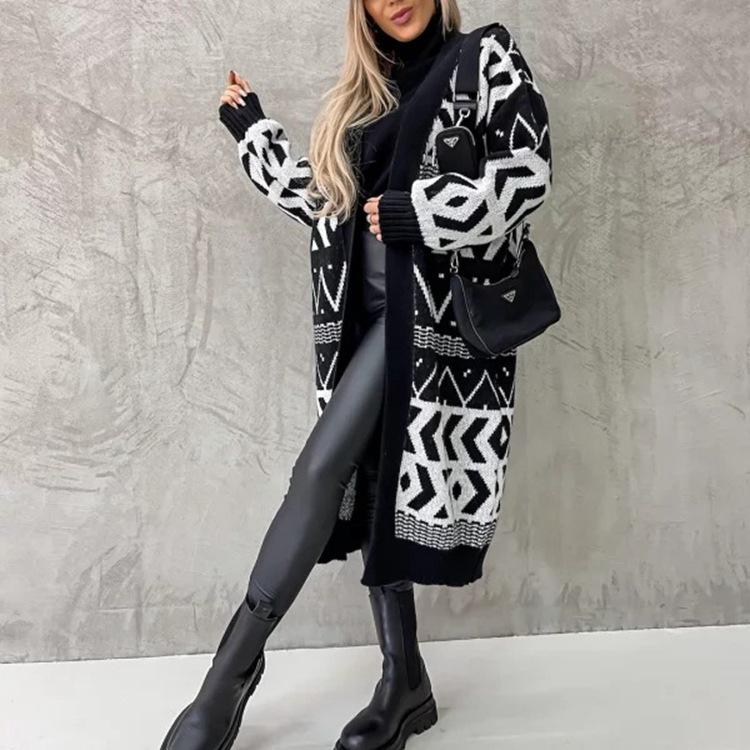 Damen Jacquard Strick V-Ausschnitt Locker Geometrischer Pullover Strickjacke - Herbst/Winter