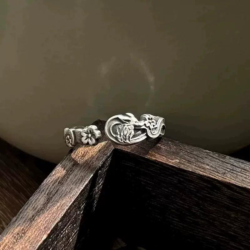Retro Nine-Tailed Fox Ring for Women  New Chinese Style Cherry Blossom Small Fox Finger Ring Versatile Open Ring resizable