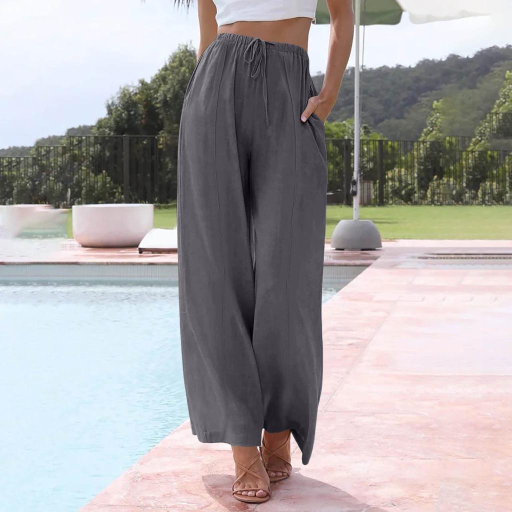 Women's Casual Relaxed Fit High-Waisted Belted Pocket Cotton-Linen Blend Trousers