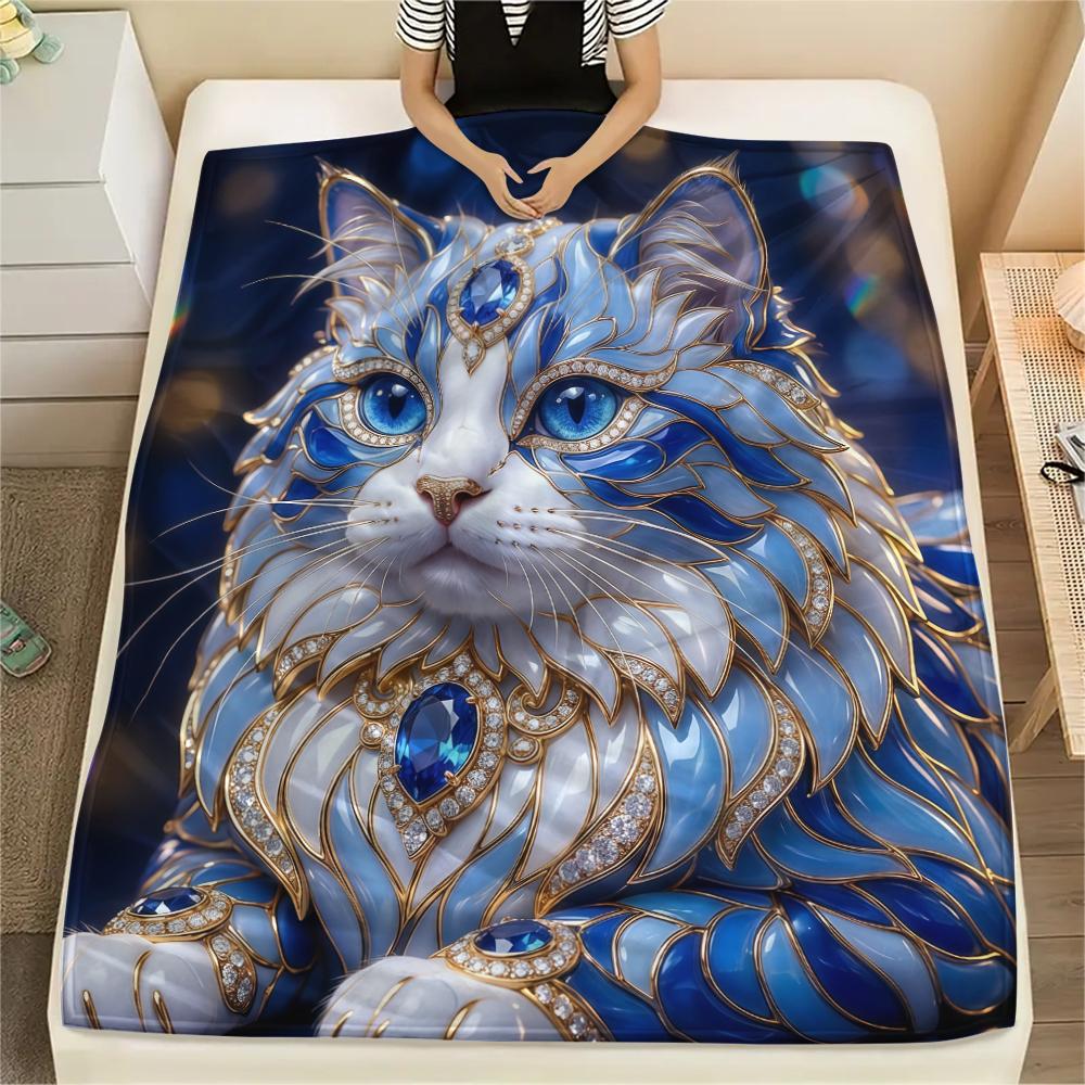 Blue Gemstone Puppy Kitten Print Flannel Blanket,High Quality Comfortable for All Seasons,Home Decor,Warmth and Comfort,Perfect for Christmas Gifts