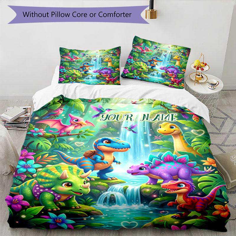 3PC Custom Name Dinosaur Fantasy World Bedding Set Duvet Cover Closure Includes 1 Duvet Cover & 2 Pillowcases for Bedroom