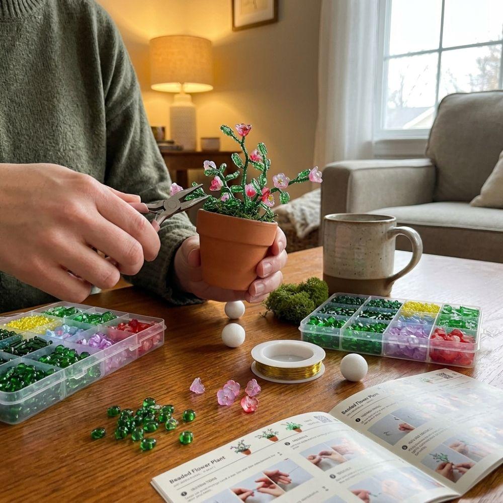 Self-make Beaded Flower Leaf Craft Set Succulent Cactus Glass Bead Floral Craft Box Jewelry Making