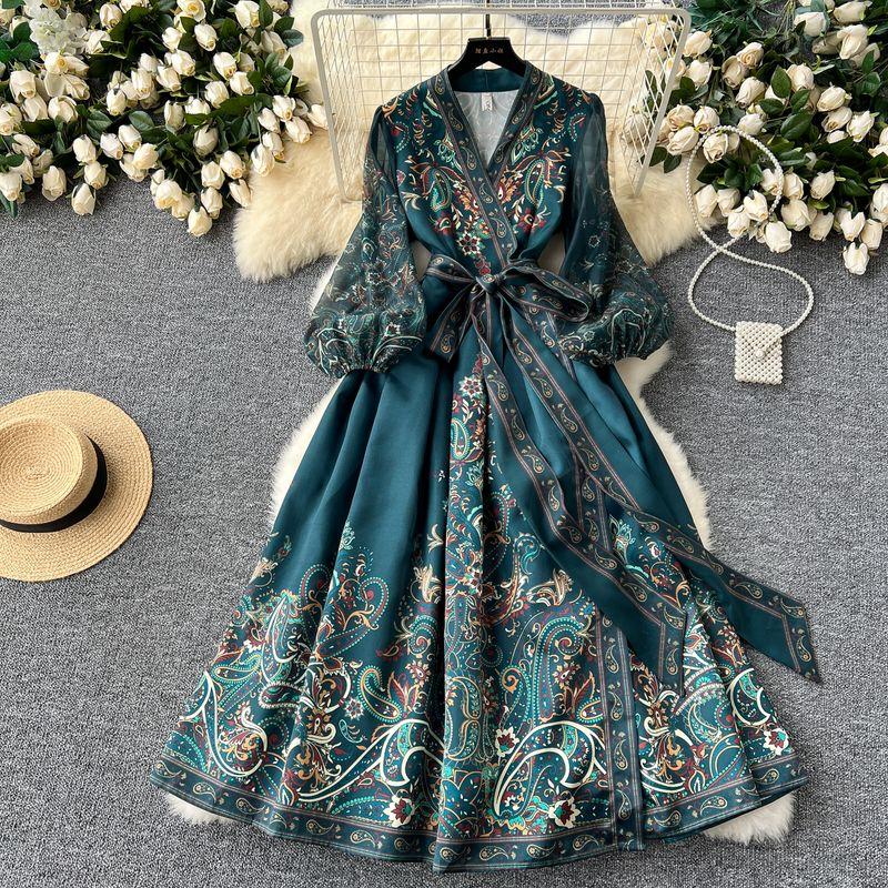 

Fashion Retro Fashionable Print Waist Trimming Lace up Stylish Dress Dress Slim Looking Elegant V Neck Split Dress Dark green S