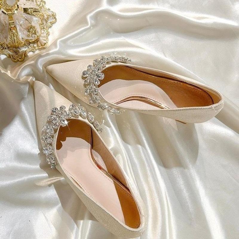 Fashion Rhinestone Pointed Toe Shallow Mouth Slip-on Non-Slip Wear-Resistant Square Heel Single Shoes
