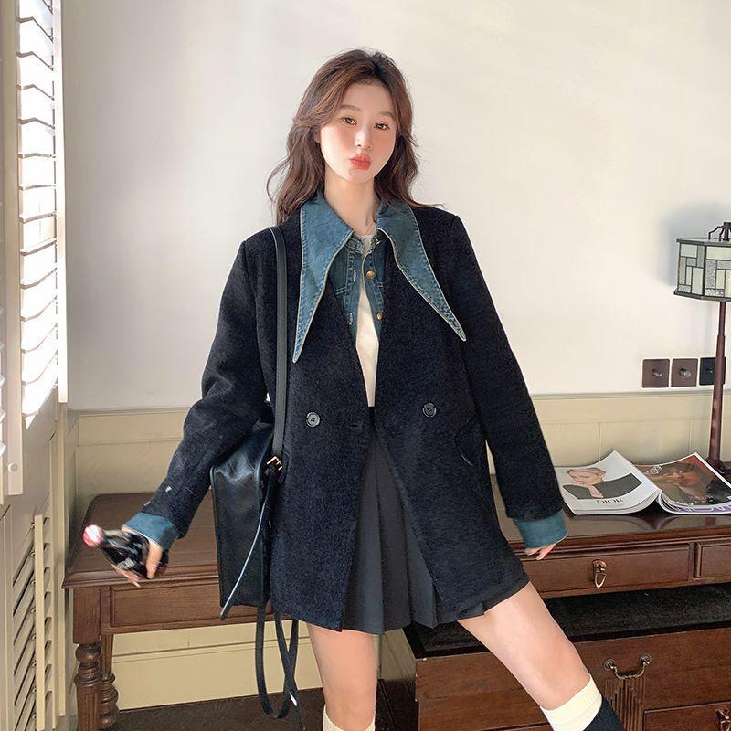 

Поддельная джинсовая короткая куртка из двух частей для женщин, весенний новый черный повседневный тонкий маленький костюм XL чёрный