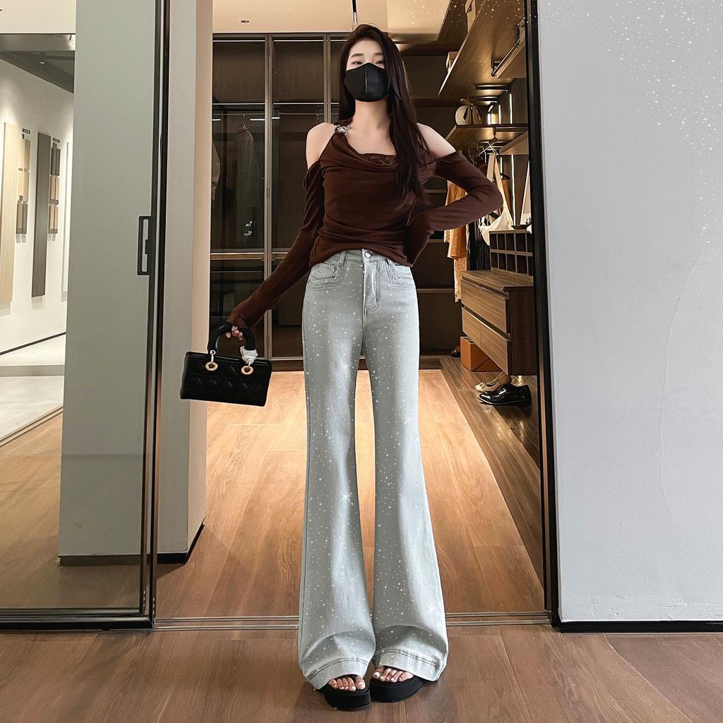 Spring Summer Platinum Glitter High Waist Slim Hide Figure Light Tone Floor Sweeping Micro Flare Denim Pants Ladies Casual Oversize Denim Trousers