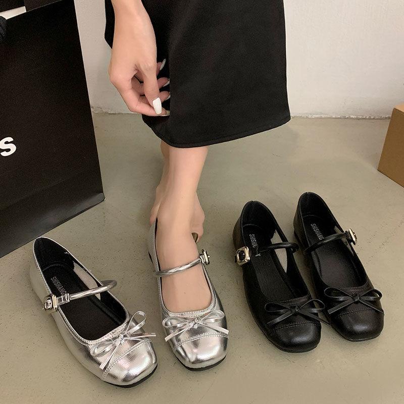 Silver lätt mun balett platt-sulade enkla skor dam nya sommar kjol fransk rund tå Mary Jane skor
