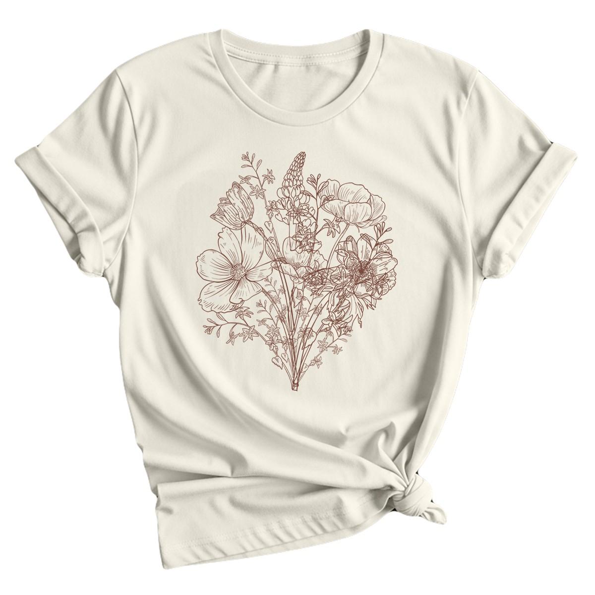 Wildflowers Botanical Nature Womens 100% Cotton T-shirt Mens Tees Top Floral Line Art M