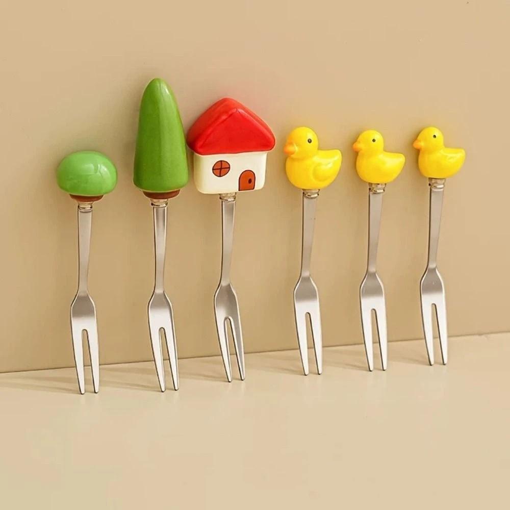 6Pcs Creative Stainless Steel Cake Fork Reusable Cute Fruit Forks Coffee Stirring