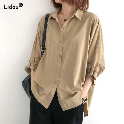 Col rabattu Bouton Plissé Uni Chemise Tempérament Mode Coréen Décontracté Printemps Femme Mince
