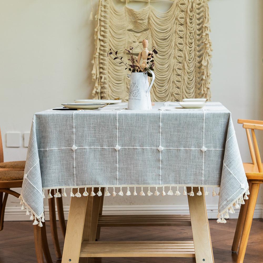 Linen Cotton Embroidery Lattice Tablecloth,Rectangular Dustproof Tassels Table Cover,for Kitchen Dinning Coffee Table Decoration